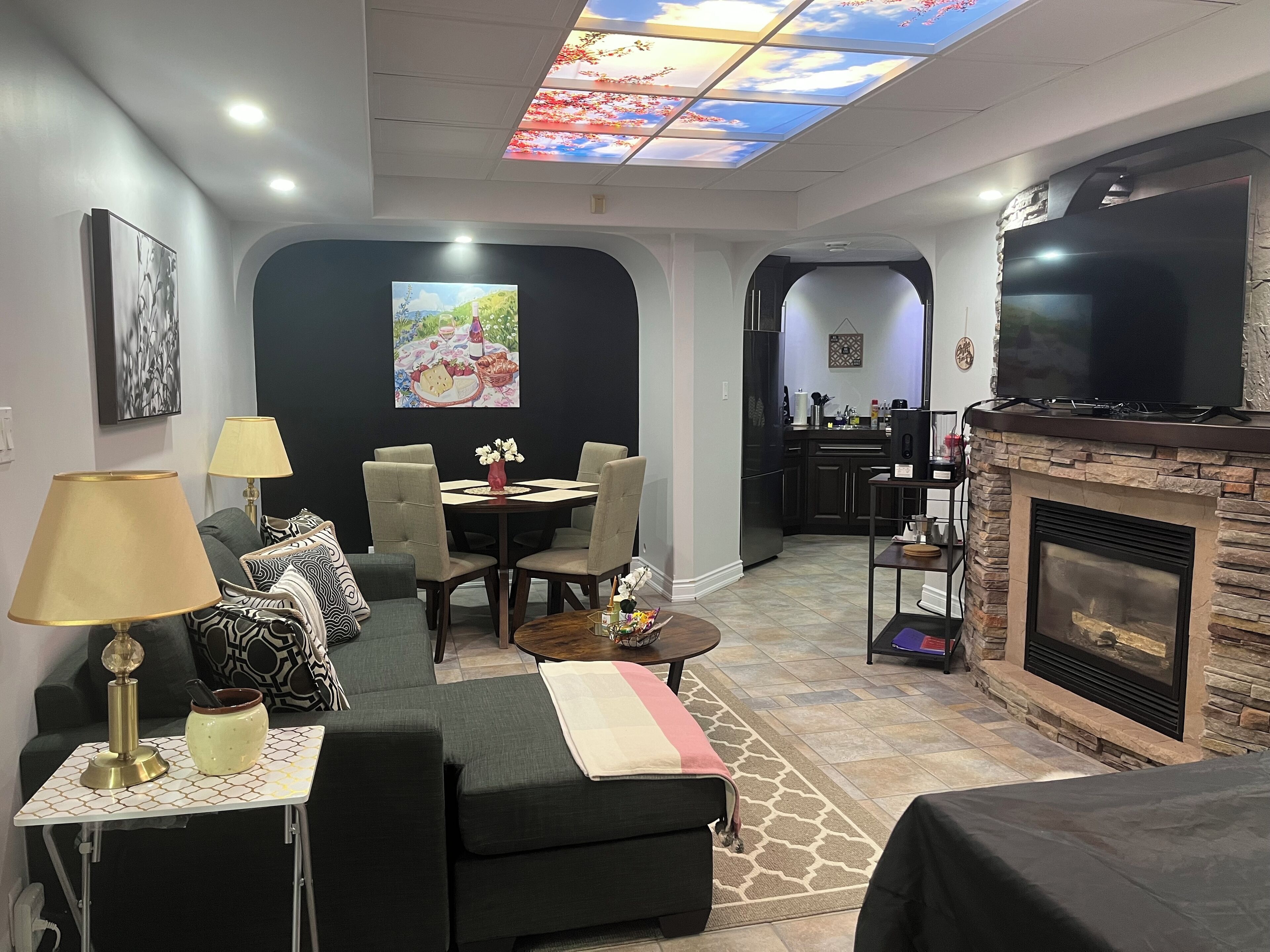 TV connectée, cheminée, livres