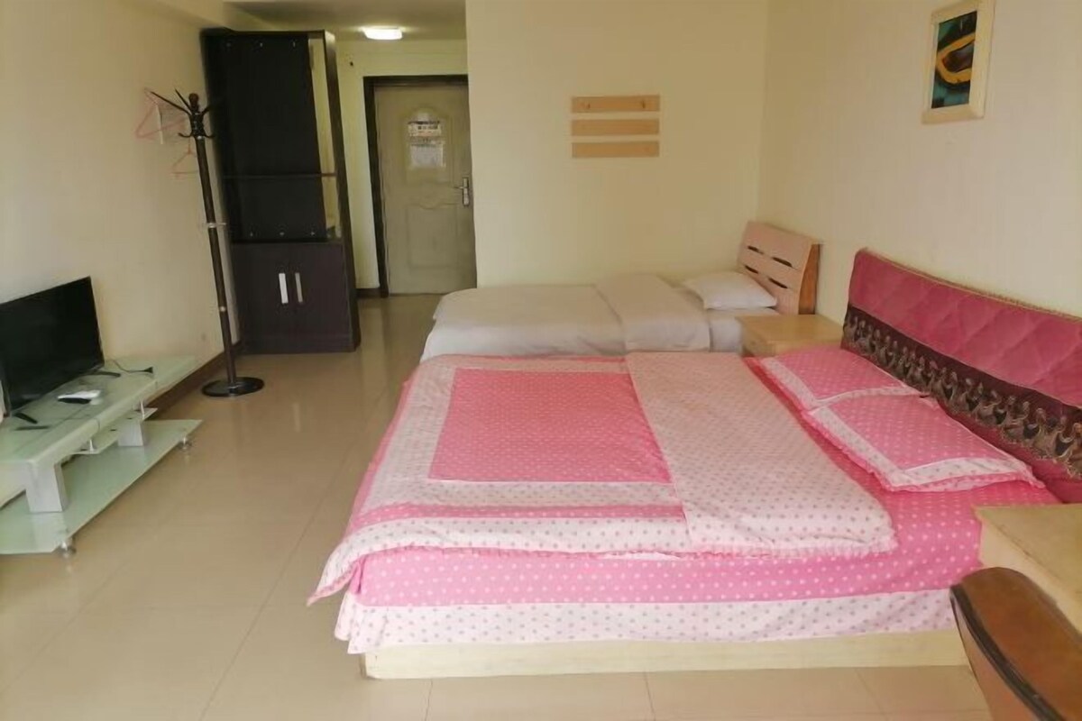 Um quarto com uma cama, televisão, guarda-roupa e uma porta.