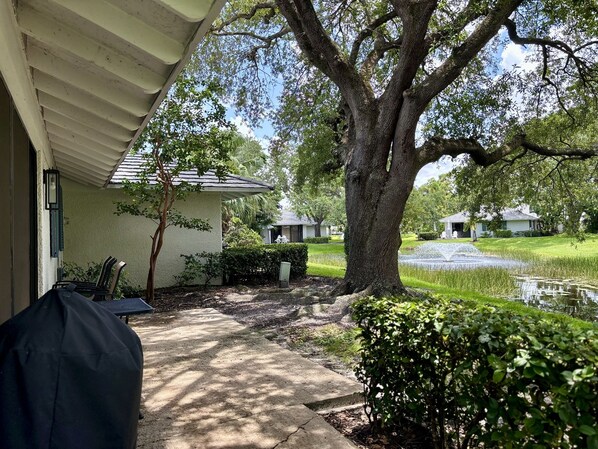 A covered patio area with a grill, a pathway leading to a pond, and houses in the background.