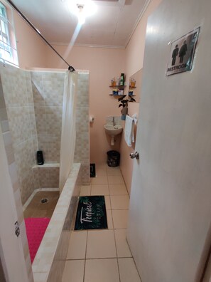 Shower, towels, soap, toilet paper