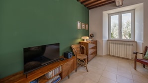A living room with a television, wicker chair, wooden shelves, and a window with a view.