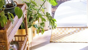 A room with a sliding glass door leading to a patio, a wooden bench with potted plants, and a checkered mat at the door.