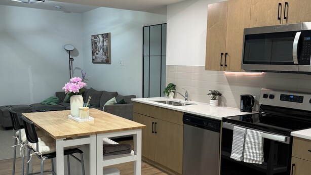Eine moderne Küche mit Essbereich, Holdekor, Edelstahlgeräten und minimalistischem Design.