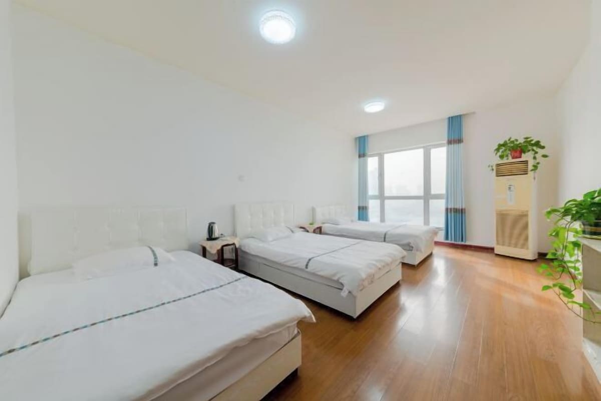 A hotel room with three beds, a window with curtains, a radiator, and a potted plant.