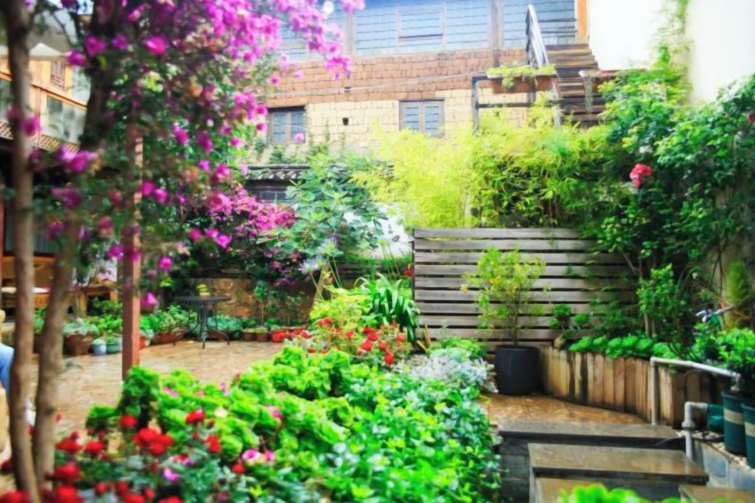 A garden with a wooden fence, various plants, and a small water feature.