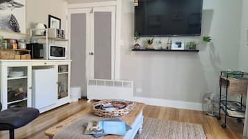 Smart TV, fireplace, books