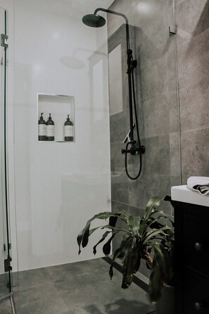 Regadera, amenidades de baño ecológicas, secadora de cabello, toallas 