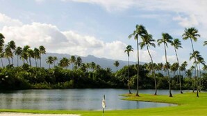 A golf course with a flagstick in the foreground, surrounded by lush greenery and palm trees. - Otium Serene Modern Pool Nice Balcony (Río Grande)