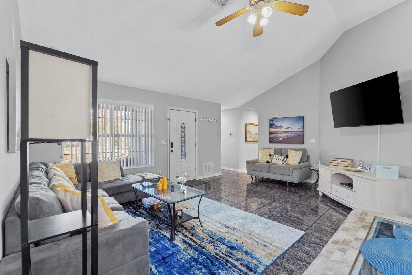 Smart TV, fireplace, books