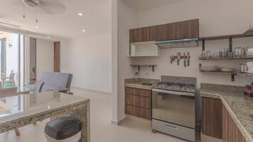 Family House, 2 Bedrooms, Patio, Pool View | Private kitchen | Full-sized fridge, oven, stovetop, blender
