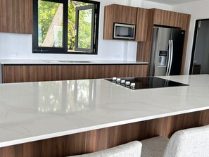 Fridge, microwave, stovetop, coffee/tea maker