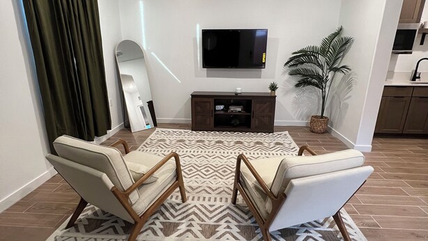 Een moderne woonkamer met een grote televisie, twee fauteuils, een kamerkleed met patroon en een potplant.