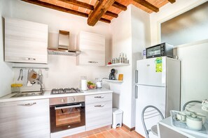 Refrigerador, horno, placa de cocina, utensilios de cocina