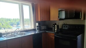 A kitchen with wooden cabinets, a black stove, a microwave, and a sink. - Feathery Pines cottage with sauna and sunset views (Nobel)