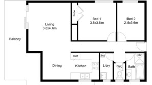 Ein Grundriss mit Wohnbereich, zwei Schlafzimmern, einem Balkon, einer Essecke, einer Küche, einem Badezimmer und einem Hauswirtschaftsraum.