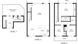 Three levels of a building with a living area, dining area, kitchen, and balcony.