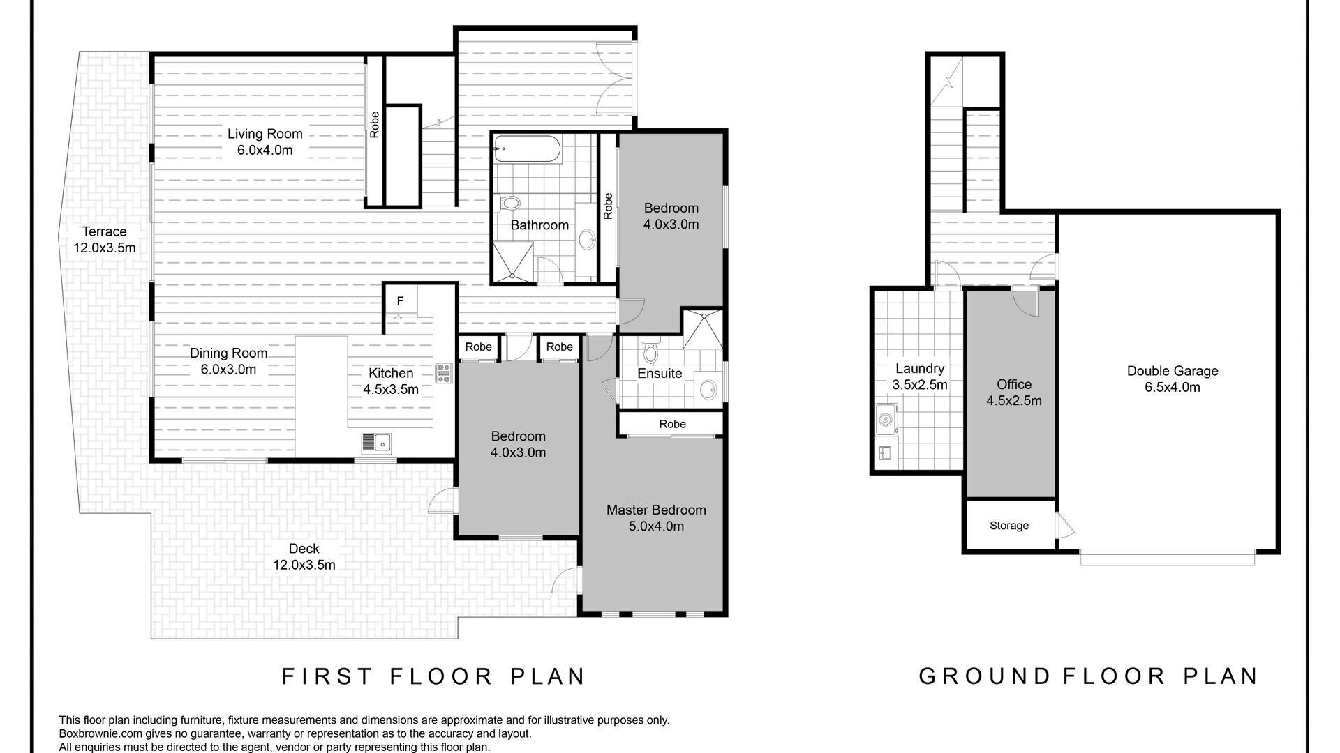 A first floor plan with a terrace, dining room, kitchen, living room, master bedroom, and a double garage.