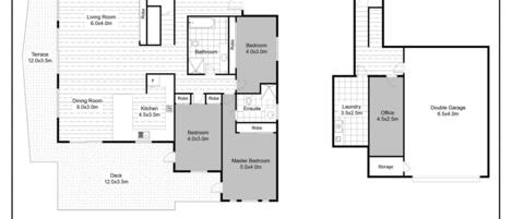 A first floor plan with a terrace, dining room, kitchen, living room, master bedroom, and a double garage.