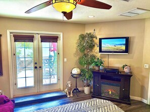 Smart TV, fireplace, video games, DVD player