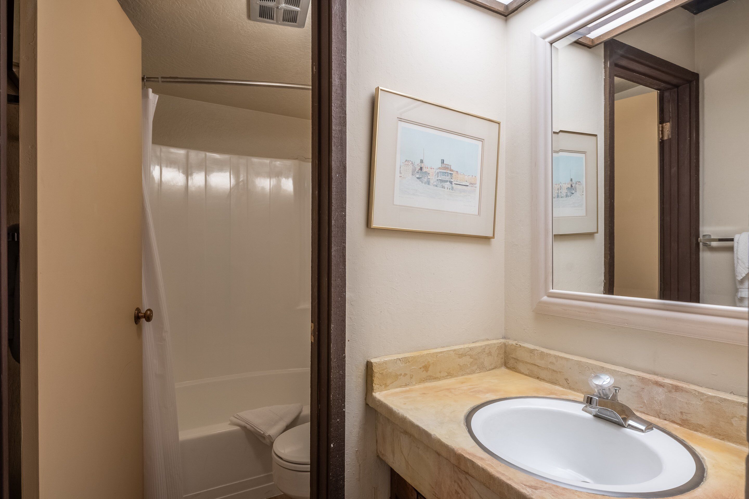 A bathroom with a white sink, a framed picture on the wall, and a mirror above the sink.