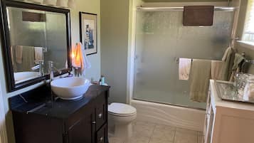 Hair dryer, towels, soap, shampoo