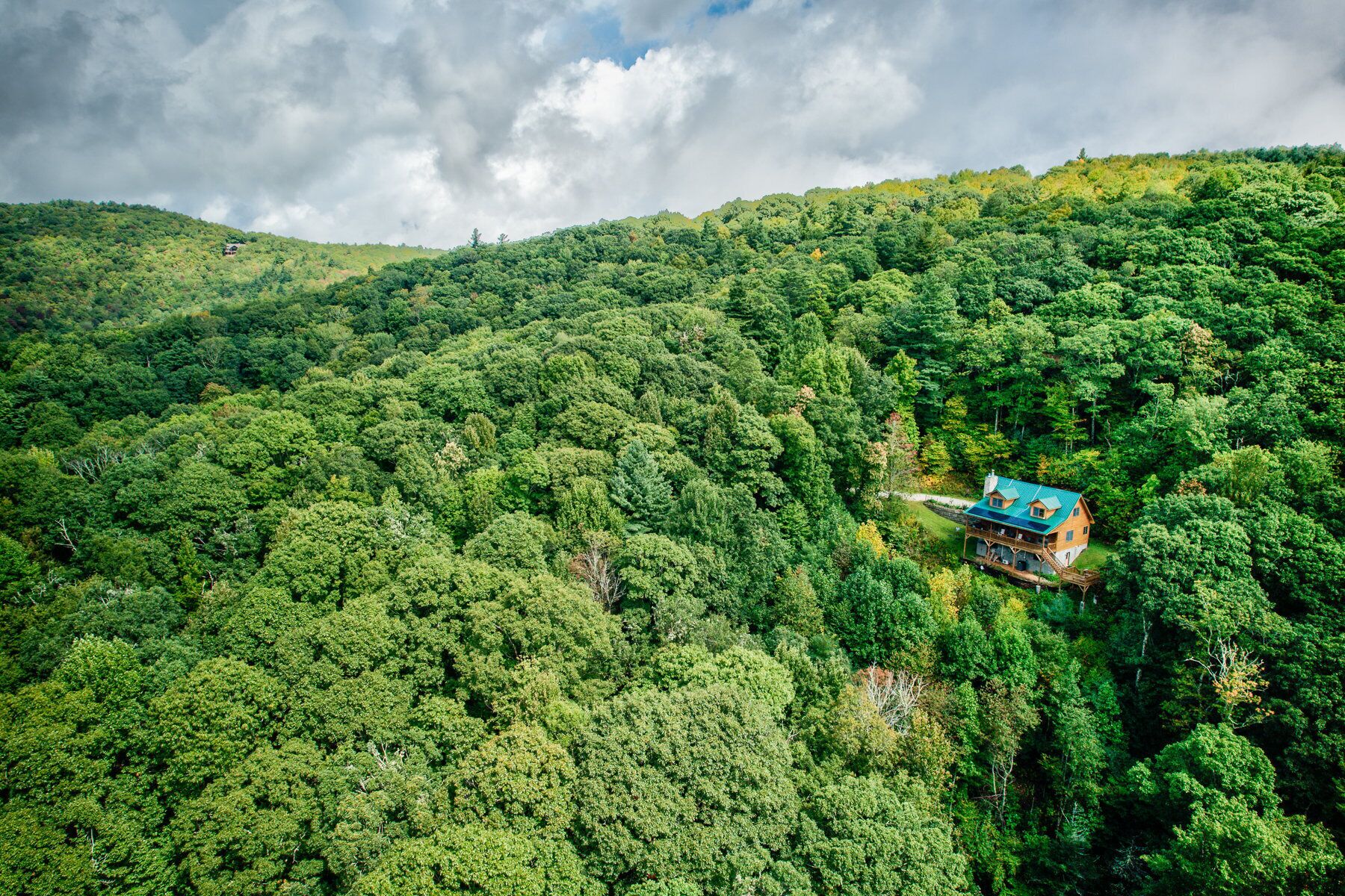 A house surrounded by dense forest, with a clear sky above.