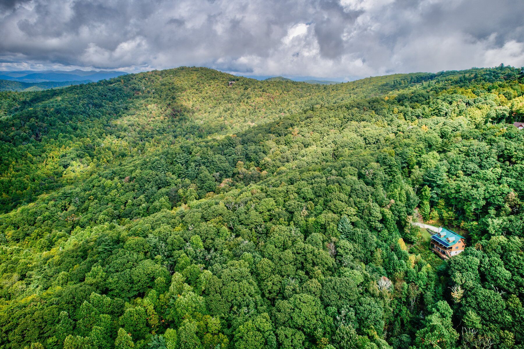 A forested mountain area with a small building on a hill.