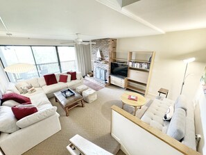 TV connectée, cheminée, livres