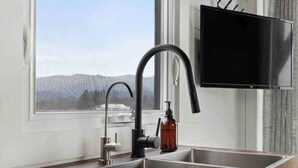Una cocina con un lavamanos de acero inoxidable, un grifo negro y una botella de jabón.