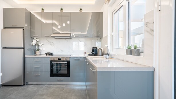 A modern kitchen with grey cabinets, a built-in oven, and a window with plants. - Apartment 'Velvet  1' with Mountain View, Wi-Fi and Air Conditioning (RHODES)