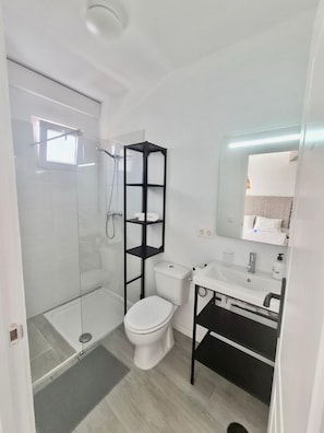 A modern bathroom with a glass shower enclosure, a white toilet, a black shelving unit, and a white sink with a mirror above. - Apartment 'Apartamento La Pista Sur' with Sea View, Private Terrace and Wi-Fi (San Sebastian de la Gomera)