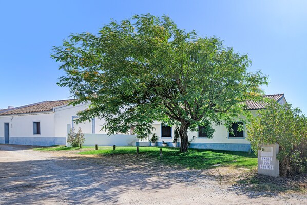 Un bâtiment avec un arbre devant, une enseigne avec du texte, et un ciel dégagé.