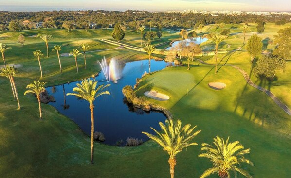 Um campo de golfe com lago, palmeiras e um elemento decorativo de água.