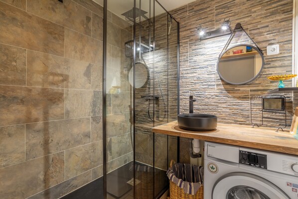 Shower, hair dryer - Apartment 'T2 Meublé Aux Aloès' with Mountain View, Shared Pool and Private Terrace (Cerbère)
