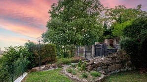 A garden with a stone wall, a metal fence, and a gate.