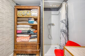 Shower, hair dryer, towels