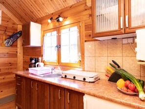 Fridge, microwave, cookware/dishes/utensils