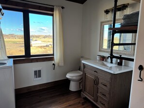 Hair dryer, towels, soap, toilet paper