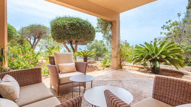 A covered outdoor seating area with wicker furniture, a round table, and a palm tree. - Can Raull in Cales de Mallorca (Manacor)