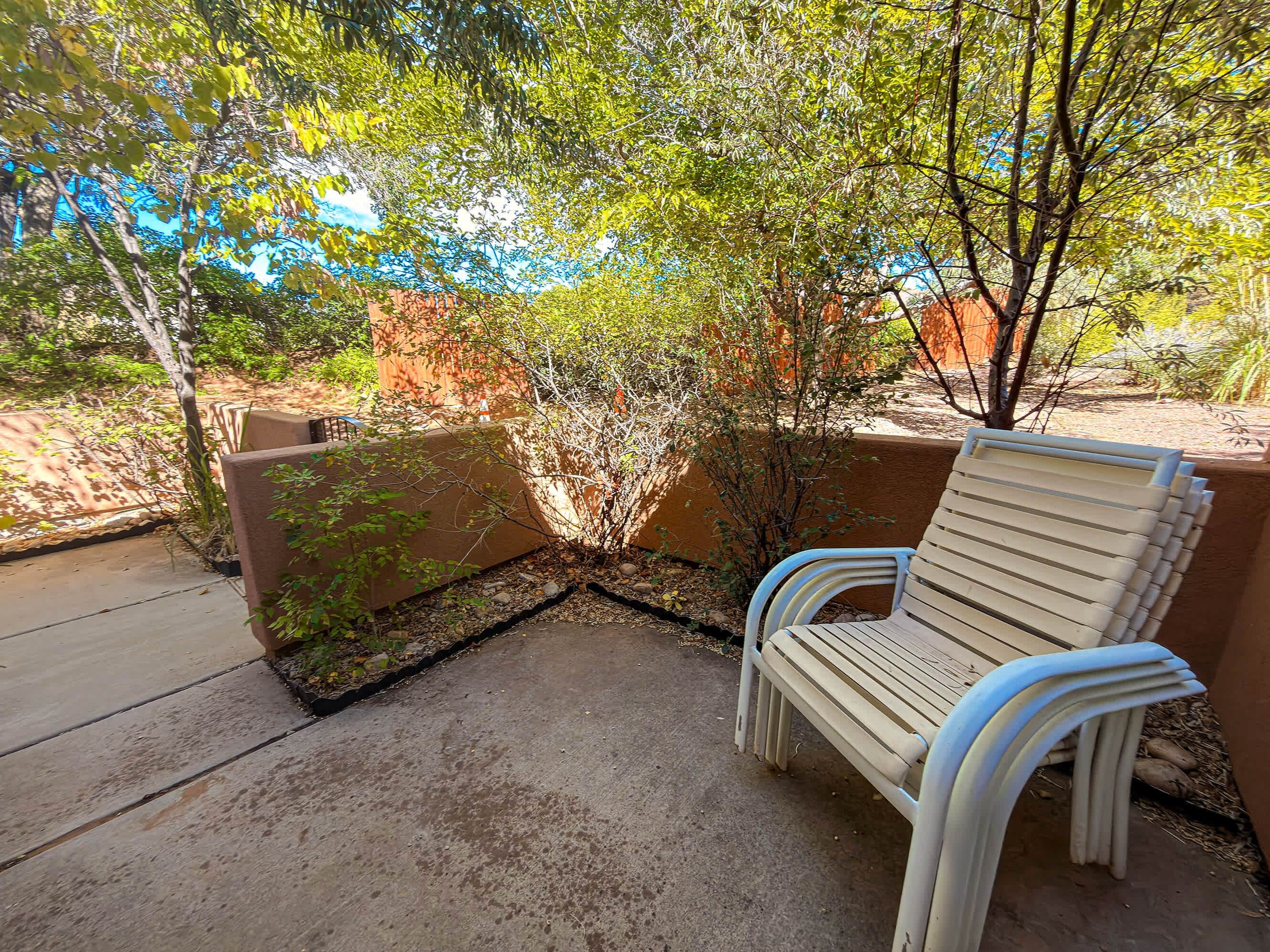 An outdoor seating area with a bench and a concrete floor, surrounded by vegetation and a wall.