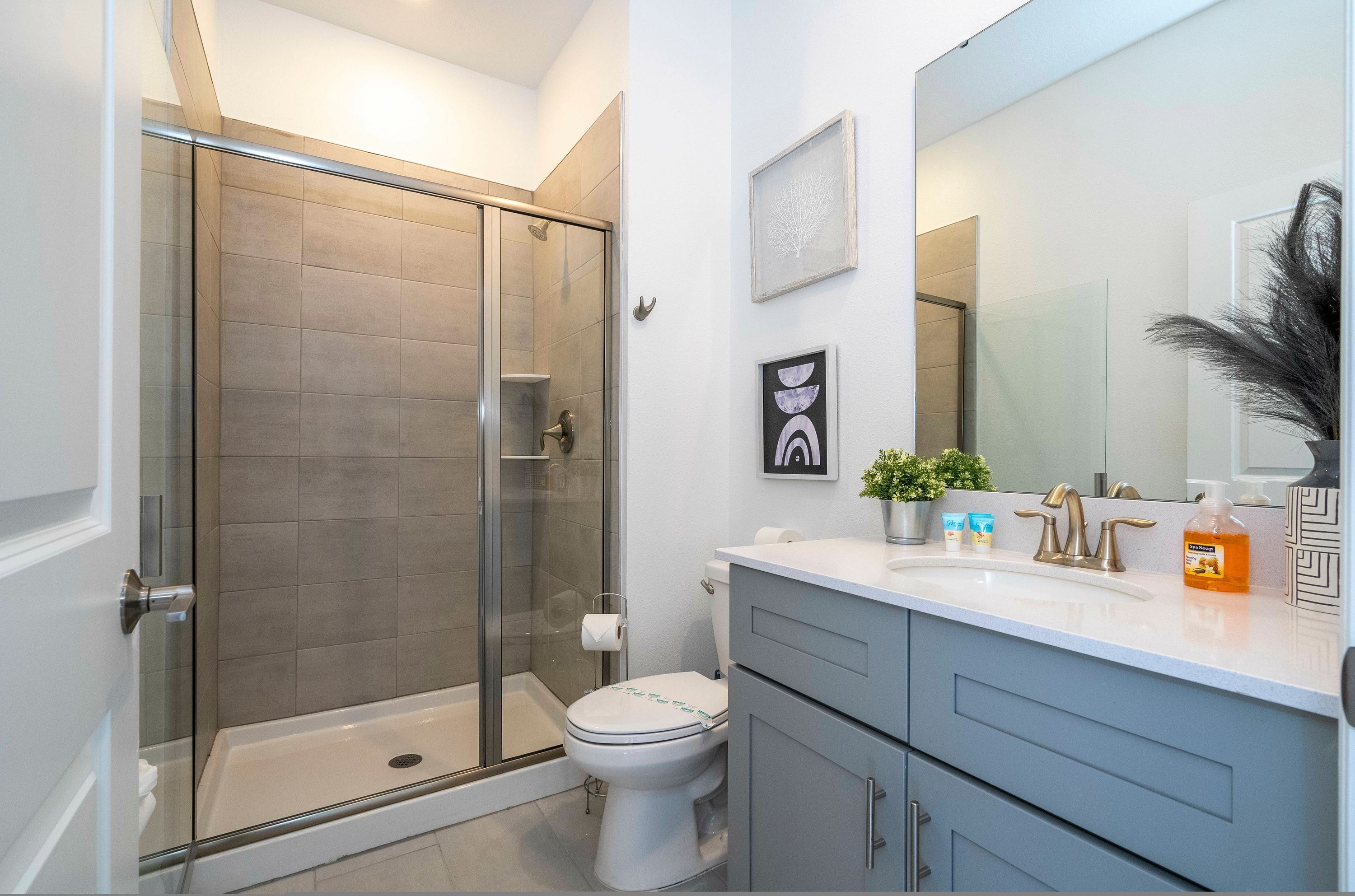 A modern bathroom with a glass shower enclosure, a toilet, and a vanity with a mirror.