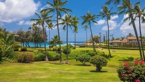 A tropical resort with palm trees, a well-maintained lawn, and a view of the ocean. - Manualoha 303 – Ground Floor + PBAC Access (Koloa)