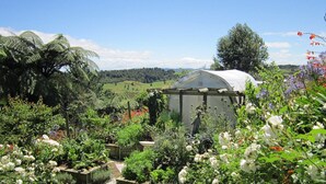 Une serre située dans un jardin luxuriant, où poussent différentes plantes et fleurs.