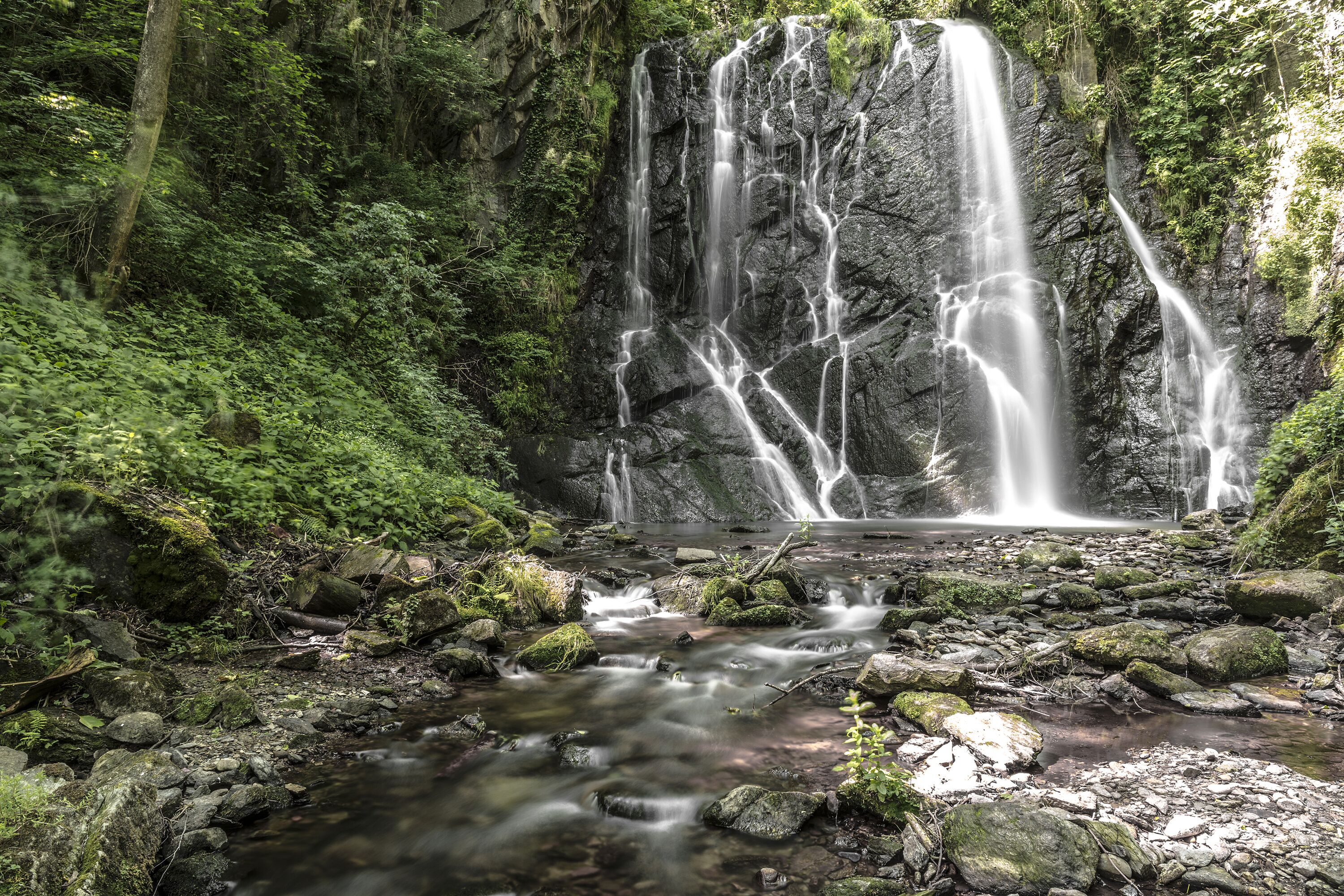 A waterfall cascading over rocks in a forested area.