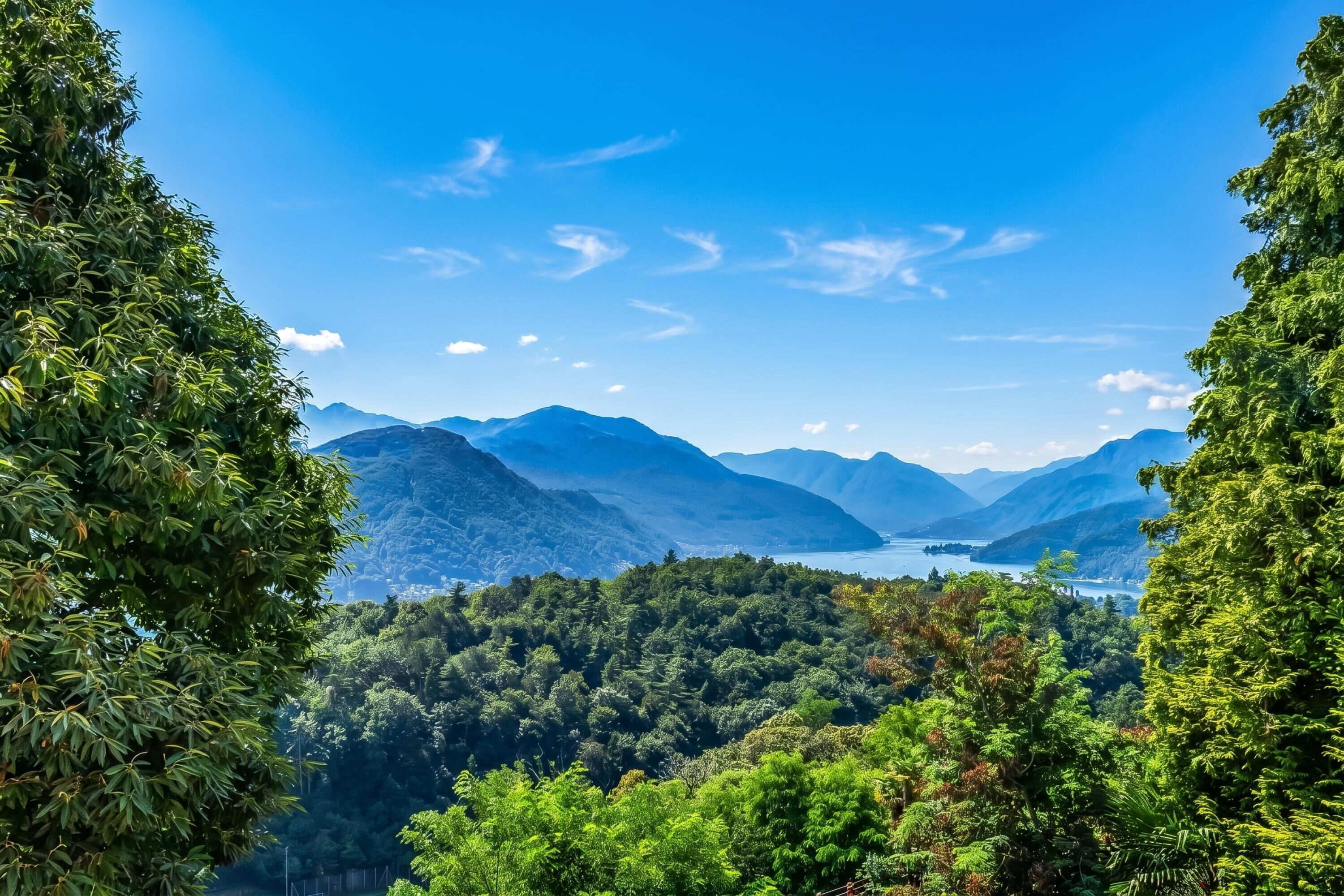 A mountainous landscape with dense forest and a clear blue sky.