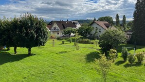 Een woonwijk met huizen, groene gazons en bomen.