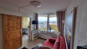 Une pièce avec une armoire en bois, un canapé rouge, une télévision, une fenêtre avec des rideaux et une vue sur un balcon agrémenté de plantes.