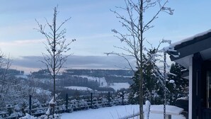 A snow-covered landscape with a view of a distant forest and a building with a dark roof.