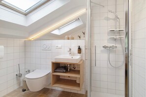 A modern bathroom with a skylight, a shower, a toilet, and a sink with storage.