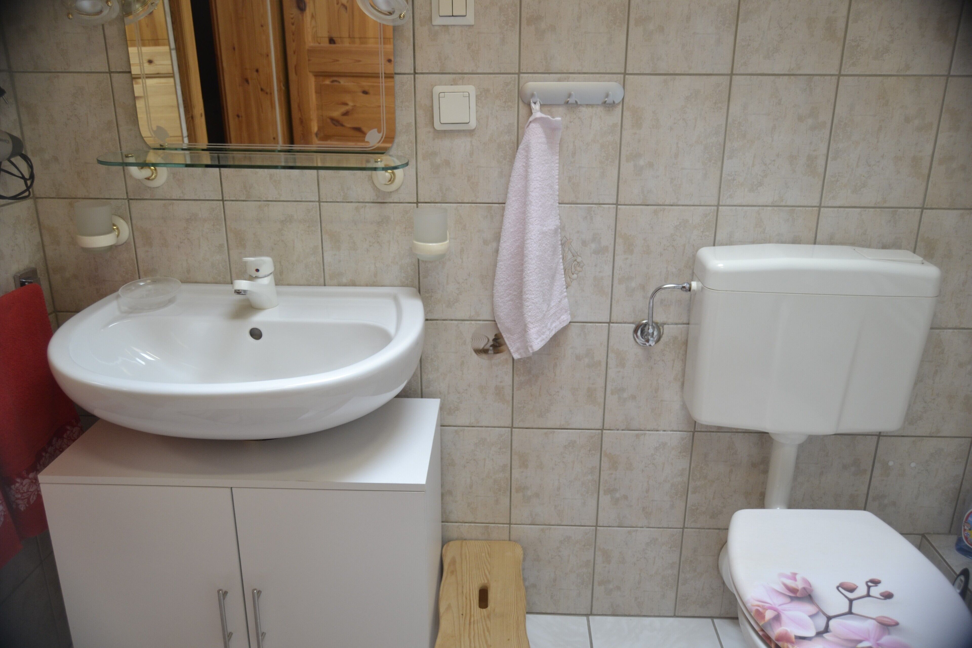 Ein Badezimmer mit einem weißen Waschbecken, einer Toilette und einem Glasregal darüber.